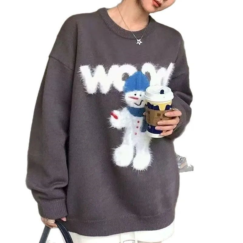 2025 Lazy Wind Hot Sale Winter New Christmas Style Atmosphere Snowman Pattern Hoodie Loose Knitted Sweater for Women 5