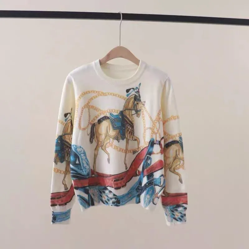 Horse Print Sweater Women Autumn Vintage Fashion Round Neck Full Sleeve Pullovers Knitted Sweaters Mujer Knitwear Tops Jumpers