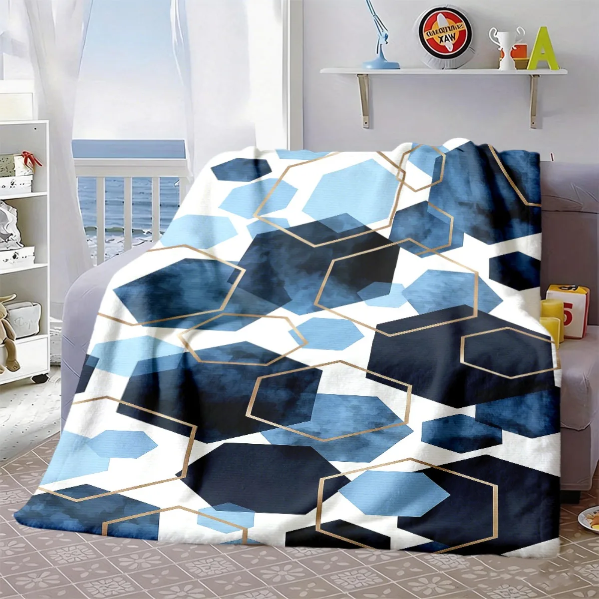 Abstract Blue Hexagonal Marble Texture Gold Border Flannel Blanket Cozy Soft Throw for Couch Travel Contemporary Home Decor