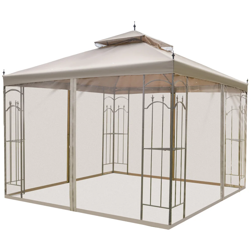 

Outsunny 10'x10' Patio Gazebo with Corner Shelves, Double Roof & Netting (Brown)