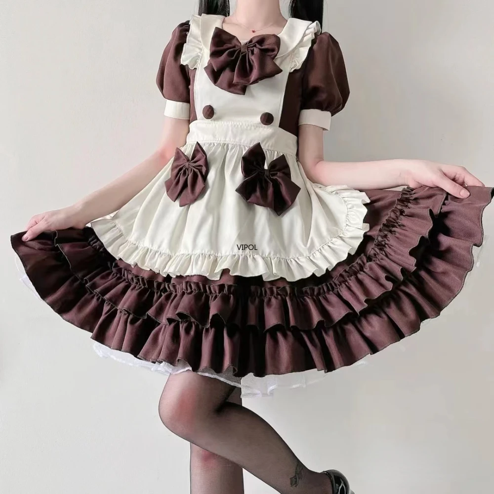 

Maid Dress Woman Lovely Lolita Coffee Shop Maid Outfits Cosplay Uniforms Japanese Maiddress Brown Bow Short Sleeve Cupcake Dress