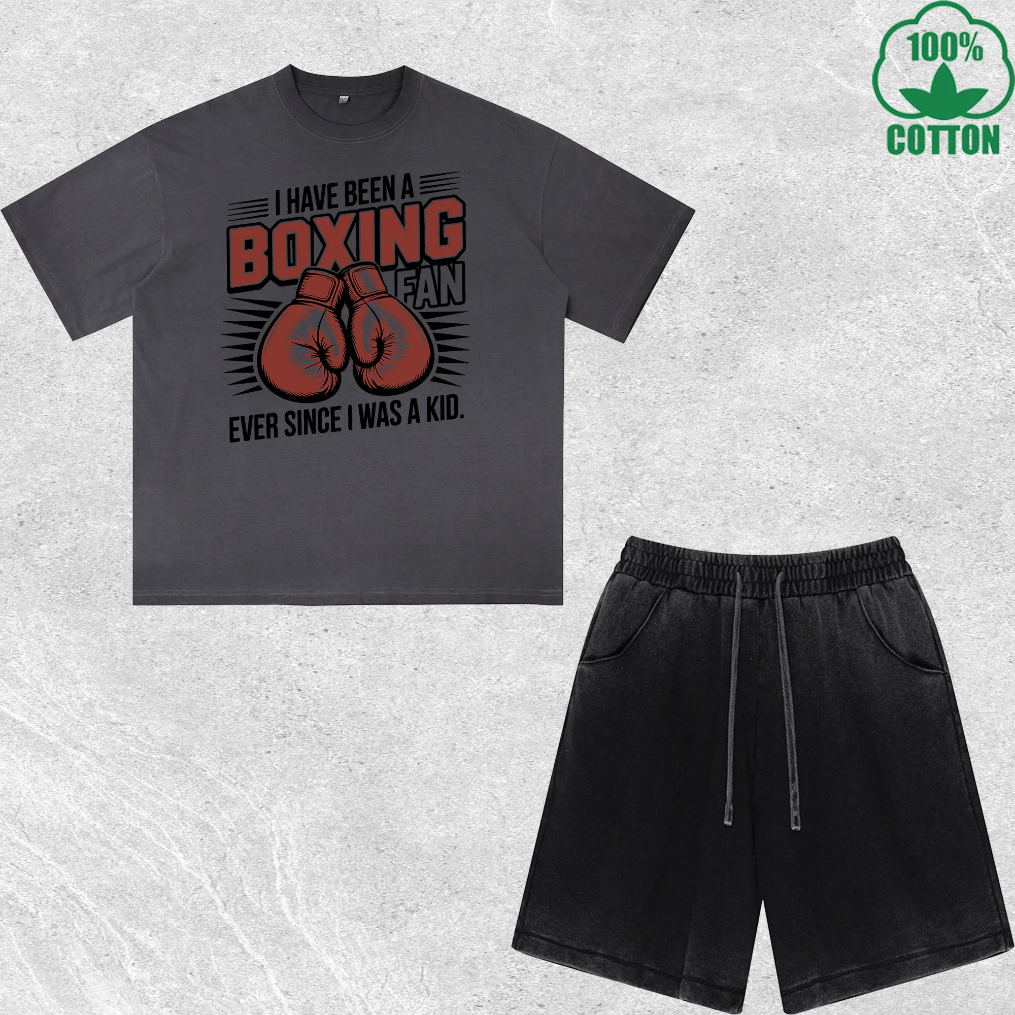 

Boxing Fan Printed Dirty Wash T-Shirt Shorts Set Multicolor Combo Loose Trendy Fashionable 100%Cotton