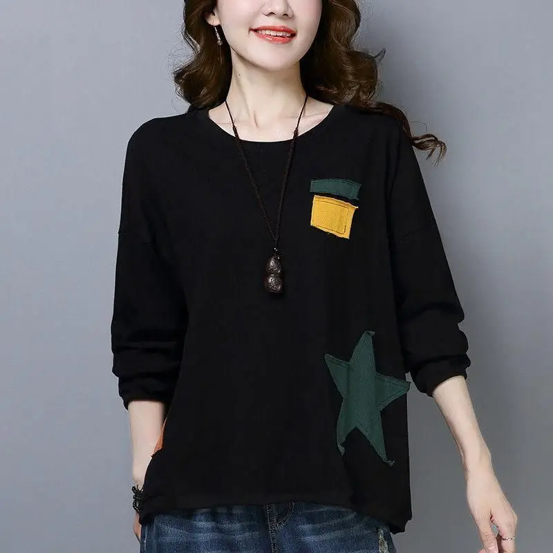 Korean Version Women's 2024 Spring Autumn New Patchwork O-Neck Print Fashion Loose Minimalist Casual Versatile Long Sleeved Top