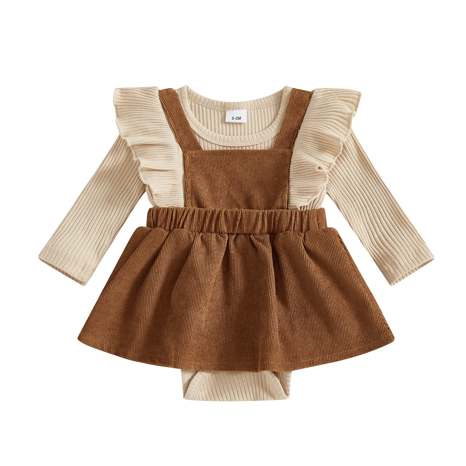 

Baby Girl Romper Long Sleeve Round Neck Suspender Patchwork Bodysuit Fall Outfit