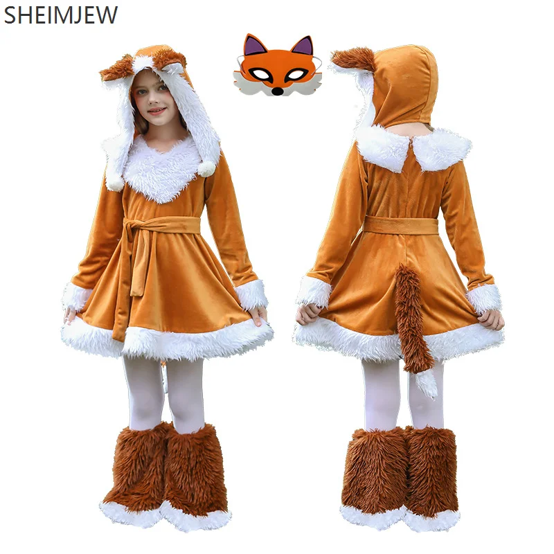 Halloween Children Costume Fox Dress Costume Girls Role Play Animal Jungle Squirrel Carnival Party Show Plush Ear Foot Cover Set