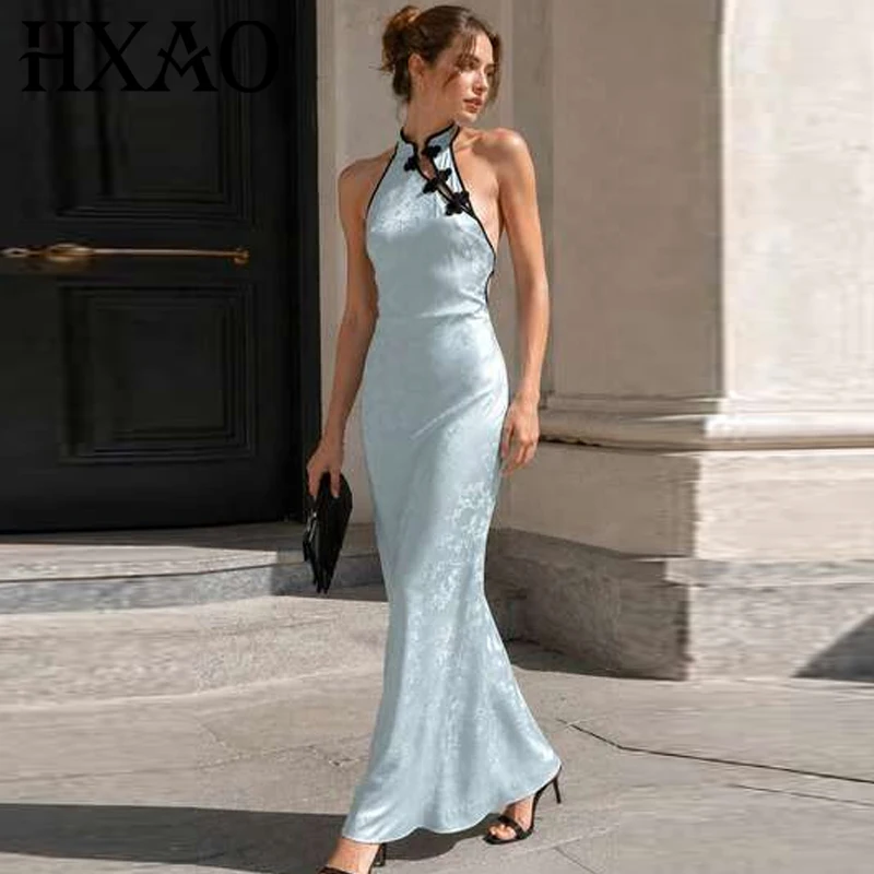HXAO Qipao Satin Halter Dress Women's Summer Dress Jacquard Sleeveless Backless Maxi Frog Buttons Vestidos Elegant Party Dresses