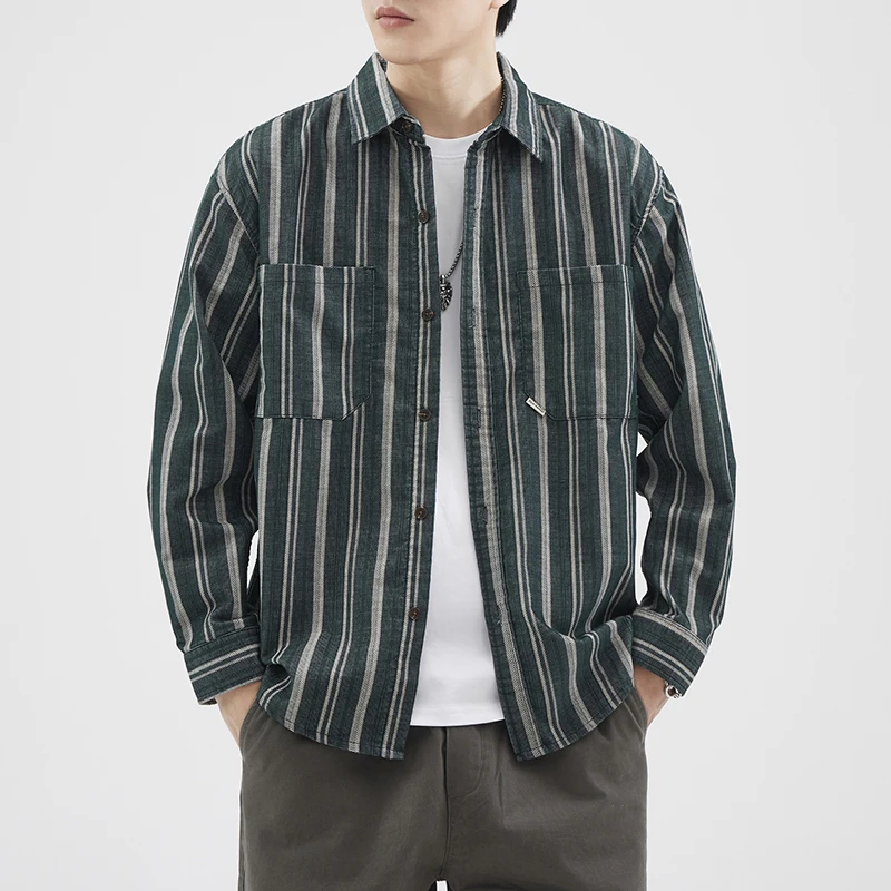 

Heavyweight Striped Men's Casual irt Vintage y Sle Spring Autumn Japanese Sle Open Cardigan Coat Loose Fit Button up