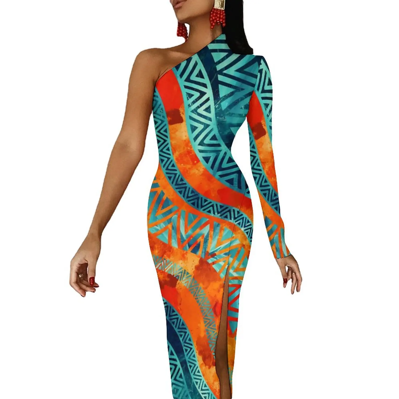 

Wavy Tribal Ethnic Long Dress Ladies Boho Vintage Print Party Maxi Dress Spring Cute Bodycon Dresses High Slit Custom Vestido