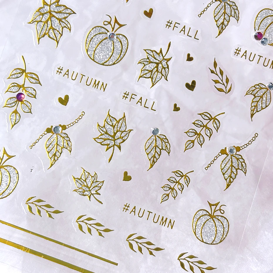 2 stücke Gold Glitter Herbst Kürbis Blatt Nagel Aufkleber 3D Nagel Aufkleber Herbst Ahorn Blätter Herz Design Nail art Dekorationen maniküre – Detail 5