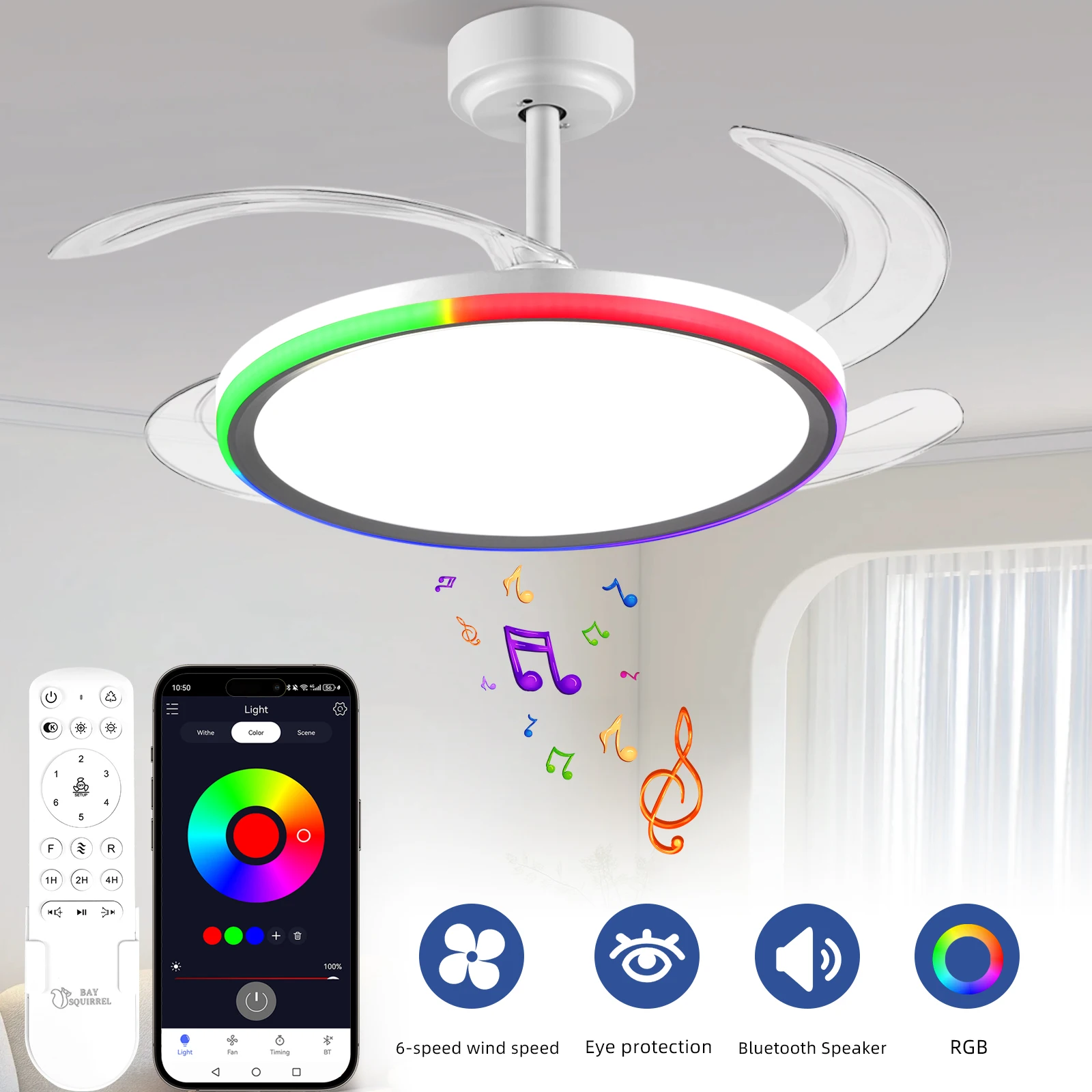 42-Inch Smart Retractable Ceiling Fan Light Breathtaking Lighting Effects, Full-Color RGB Dimming Strip with Memory Function, Bluetooth Speaker, and Convenient Control via App or Remote. Features a 6-Speed Reversible Fan for Quiet