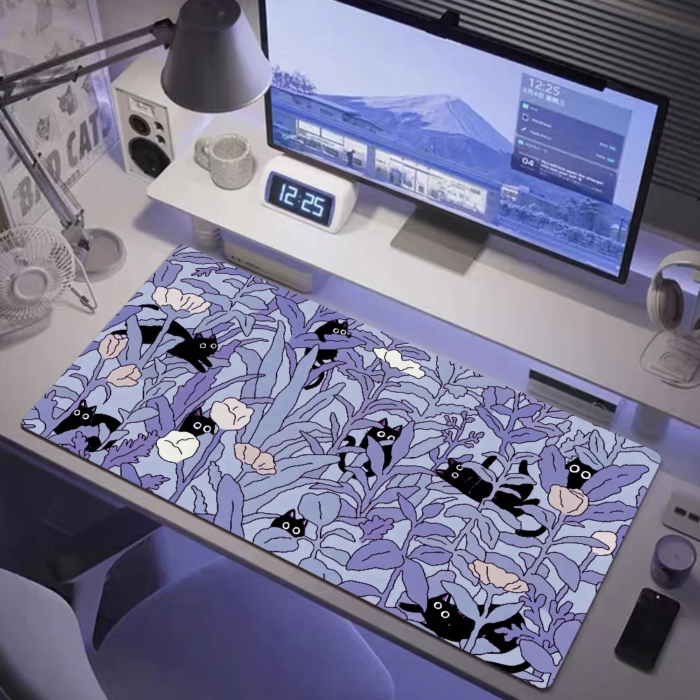 Anime Pc Gamer Cabinet Desk Mat Keyboard Carpet Computer Gaming Accessories HD pad Kawaii Black cat Green plants Mousepad Xxl