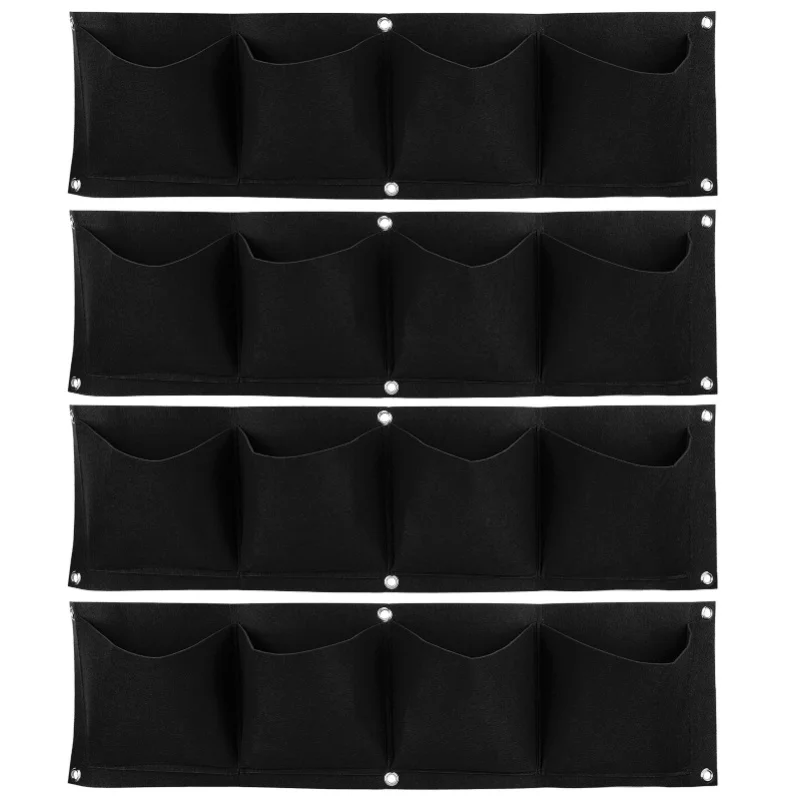 

4Pcs 4 Pocket Plant Grow Bag Wall Mounted Reusable Degradable Felt Garden PlanterBlack