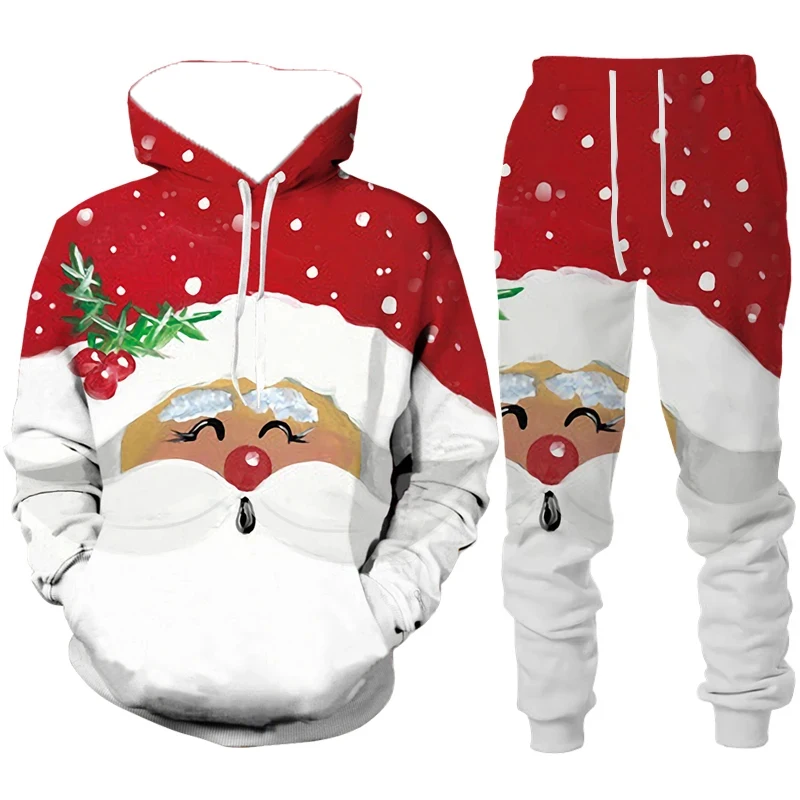 

Рождественский мужской спортивный костюм с капюшоном, праздничный комплект с 3D принтом Санта-Клауса, удобный осенне-зимний мужской костюм с капюшоном, забавный наряд