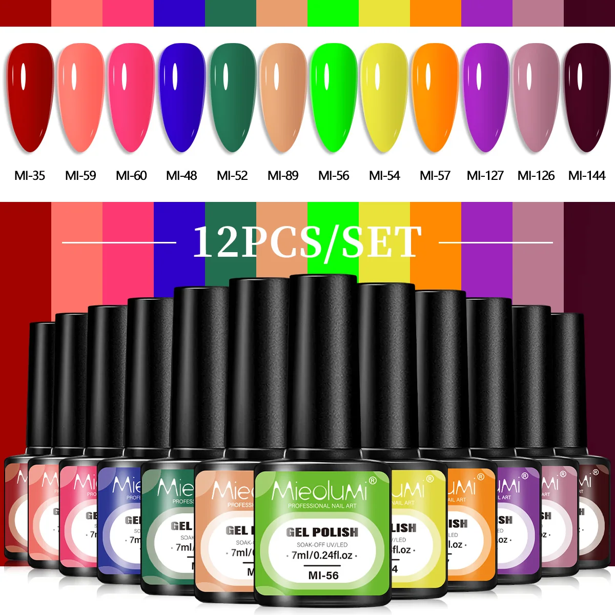 12PCS All-Season Multi-Color Gel Nail Polish Set, Nude/Neon/Red/Blue Solid UV Nail Gel, 28+ Days Long Lasting Glossy Finish, Com