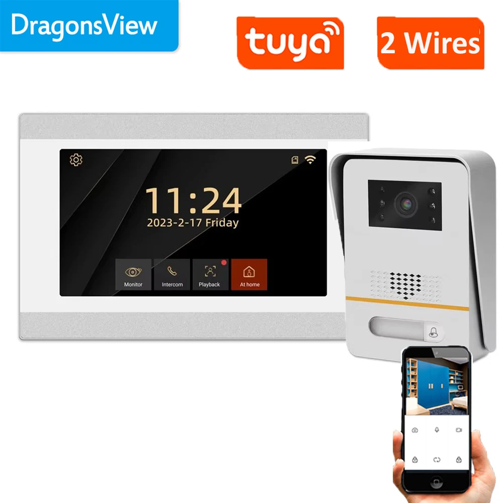 Dragonsview 7 Inch 2 WIres Video Intercom System Tuya Smart Video Door Phone Doorbell with Camera Wide Angle  Motion Detection