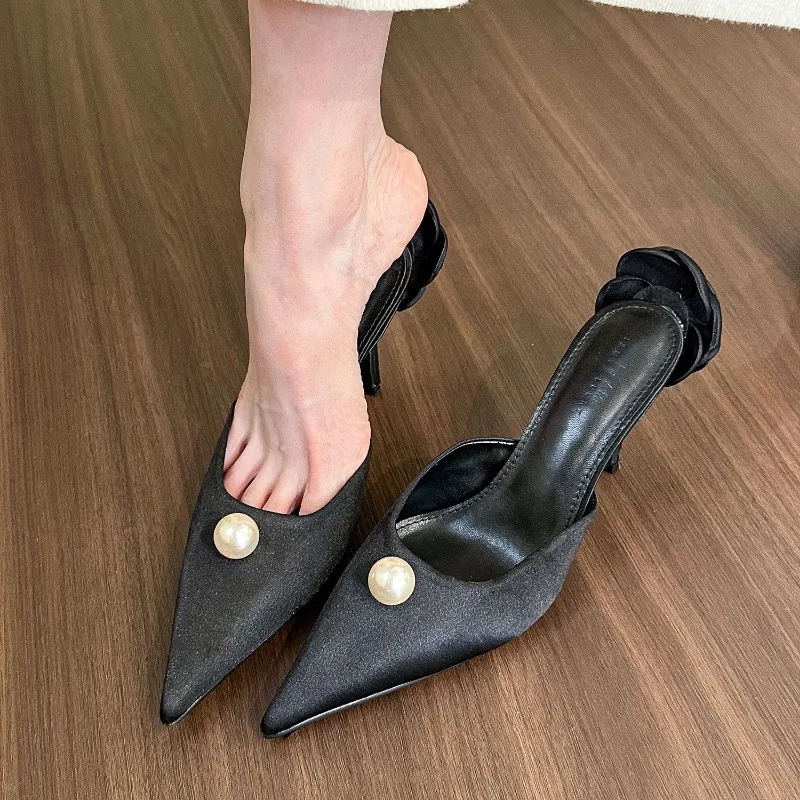 Scarpe da donna con punta a punta francese scarpe da donna con fiore di perle tacchi alti eleganti décolleté con tacco a spillo Slip on pantofole