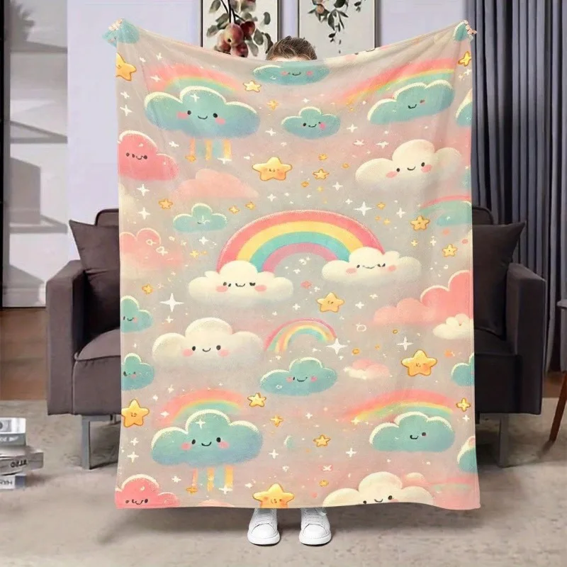 Regenbogen-Flanelldecke mit süßer Wolke – ganzjähriges weiches rosa und blaues Wolkendesign mit lächelndem Gesicht in Herzform und Sternen