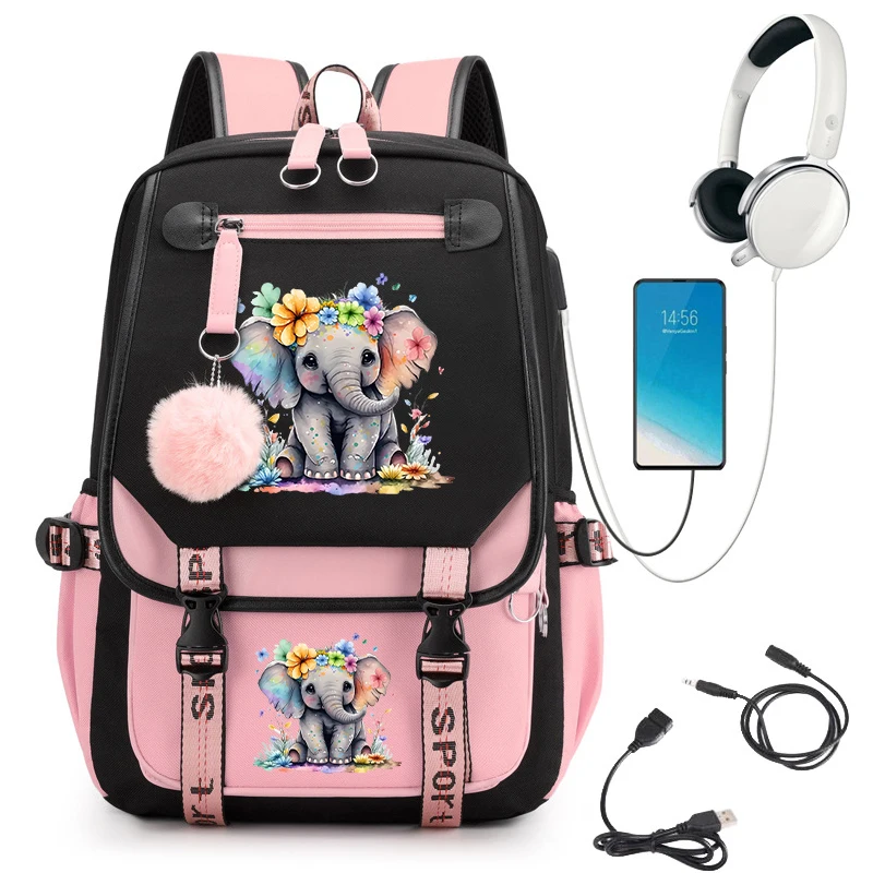 Kawaii School Bag for Teenager Girls Anime Cartoon Backpacks Children's Backpack Floral Elephant Cartoon Students Usb Schoolbags