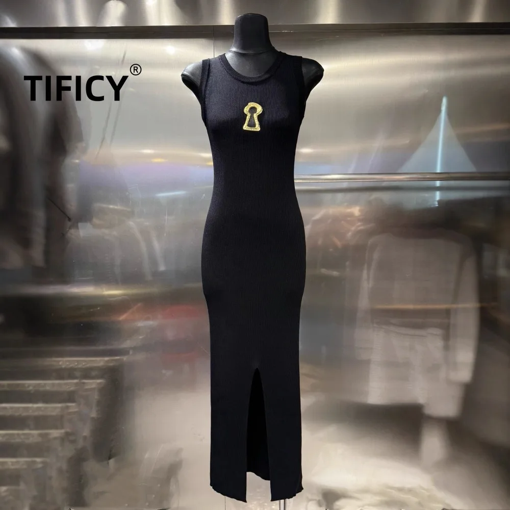 

High Street Knit Dress Women's Summer New Gold Hollow Metal Decoration Chest Exposed Knit Sleeveless Streetwear Tanks Dress