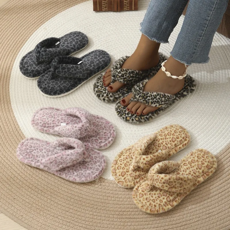 Modische, flauschige Flip-Flops mit Leopardenmuster für Damen, Herbst- und Winterschuhe, warme, weiche Hausschuhe mit Plüschfutter und EVA-Sohle, Mädchen-Hausschuhe aus Baumwolle. – Detail 12