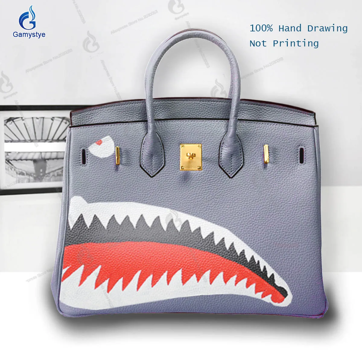 Art Hand-Painting A sharp set of teeth Customize Totes Women Bags Messenger Crossbody Handbags Cowhide Togo Leather Big Capacity