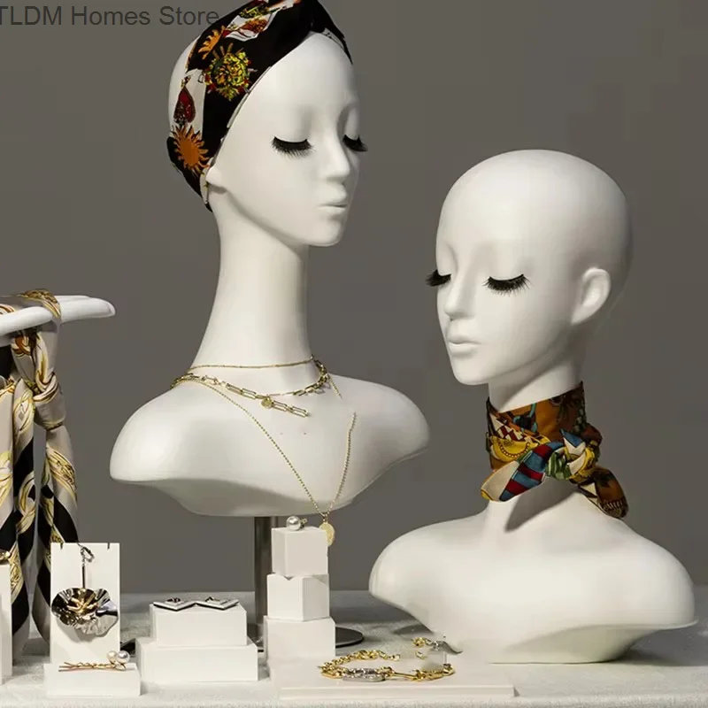 Light Luxury Mannequins Head with Facial Features Hat Scarf Display Stand Hand Model Art Ornaments Props Female White Head Model