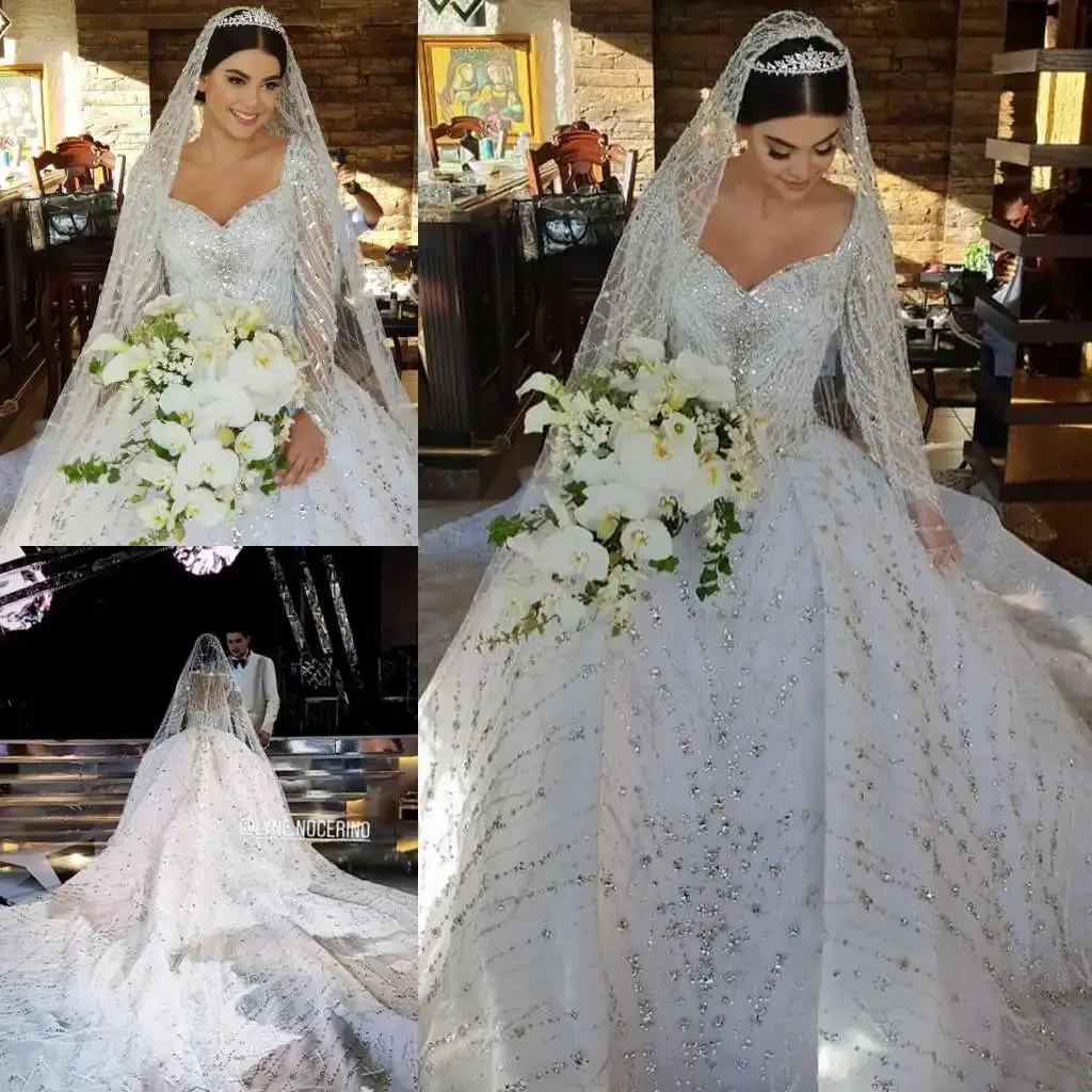 Customized  Sweetheart Shinny Crystals Beads Wedding Dresses For Bride African Plus Size Ballgown Puffy Long Sleeve Bridal Gowns