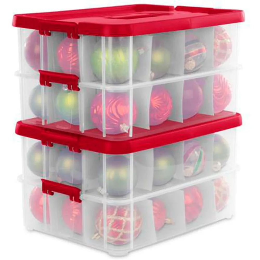 مجموعة تنظيم ديكورات العطلات، صناديق تخزين بلاستيكية مكونة من 24 قسمًا، باللون الأحمر