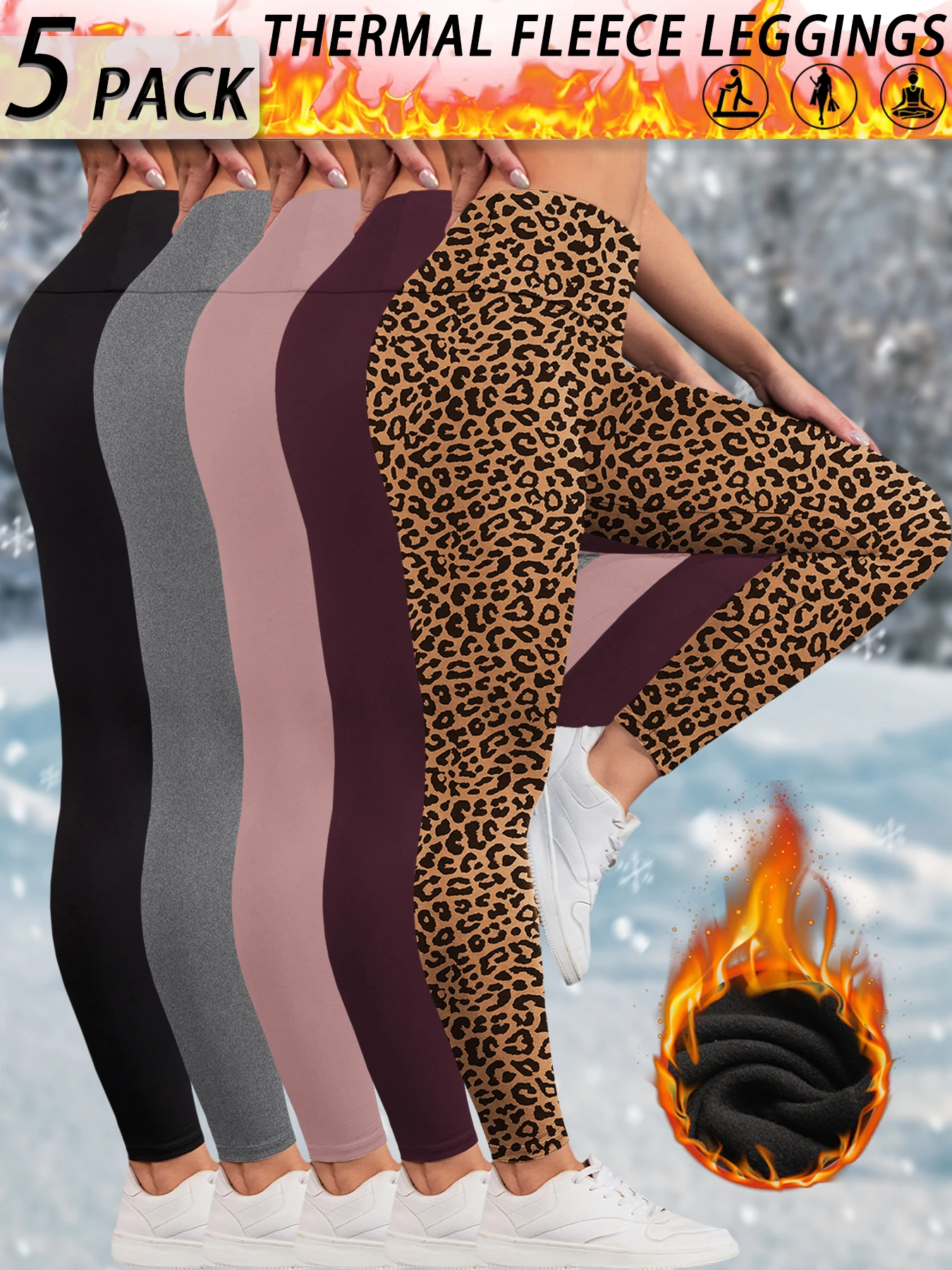 Pacote com 5 leggings femininas forradas de lã térmica de cintura alta para treino inverno quente e grosso calças macias para ioga
