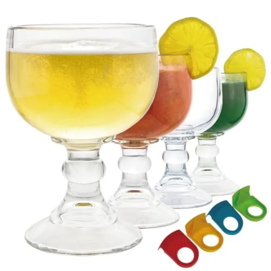 

Margarita Glass Schooner- 21.5 Oz Set of 4 Extra Large Goblet With Clips ZERO LEAD Crystal Style Shrimp Cocktail, Coronaritas,
