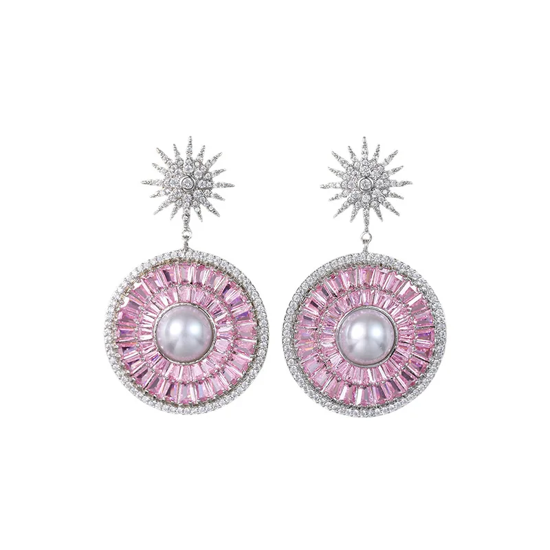 Women High End Round Pearl Zircon Earrings Luxury Exaggerated Design Shiny Inlaid Dangle Earrings Fashion Fine Jewelry Gift