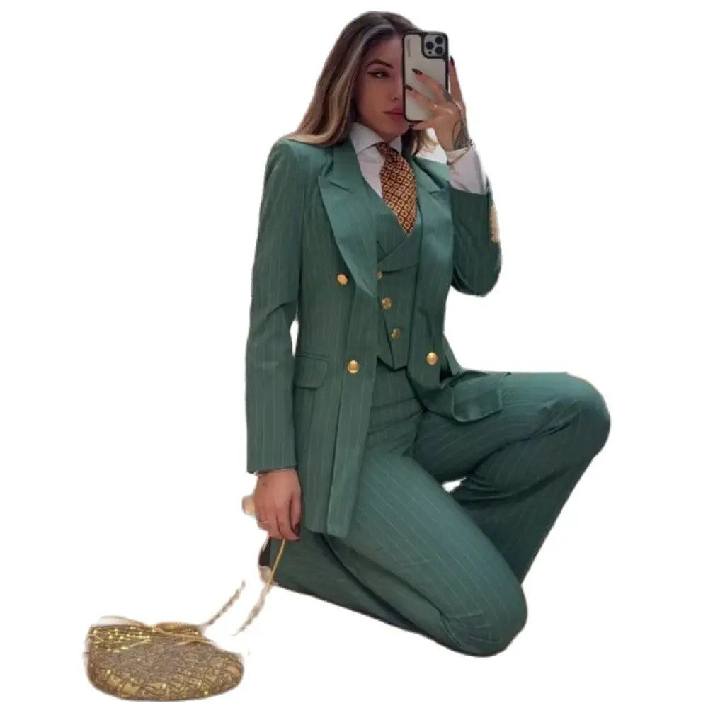 Luxury Green Striped Women Suit Double Breasted 3 Piece Jacket Vest Pants Slim Fit Female Clothing Slim Office Lady Blazer Set