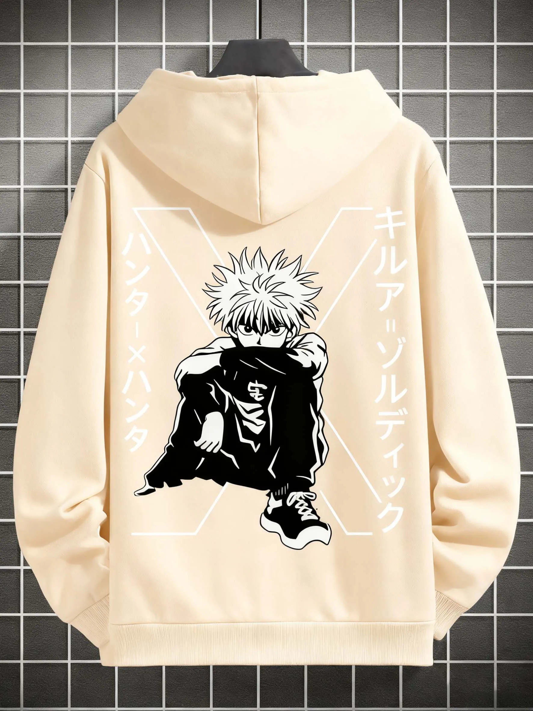 هوديي بنمط شخصية الرسوم المتحركة للرجال، بلوفر كاجوال بنص ياباني، ملابس عصرية ناعمة للشارع