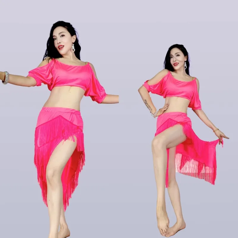 Trajes de dança do ventre swegal personalizados inspirados fluorescentes borla saia conjunto superior roupas de dança oriental terno latino vestido