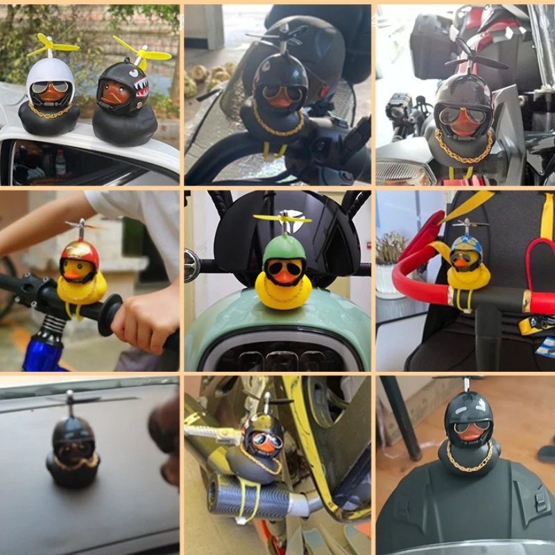 Cool Black Helmet Little Yellow Duck Cartoon Broken  Wind Duck Bicycle Electric Vehicle Car Interior Decoration Rubber Kid Toys