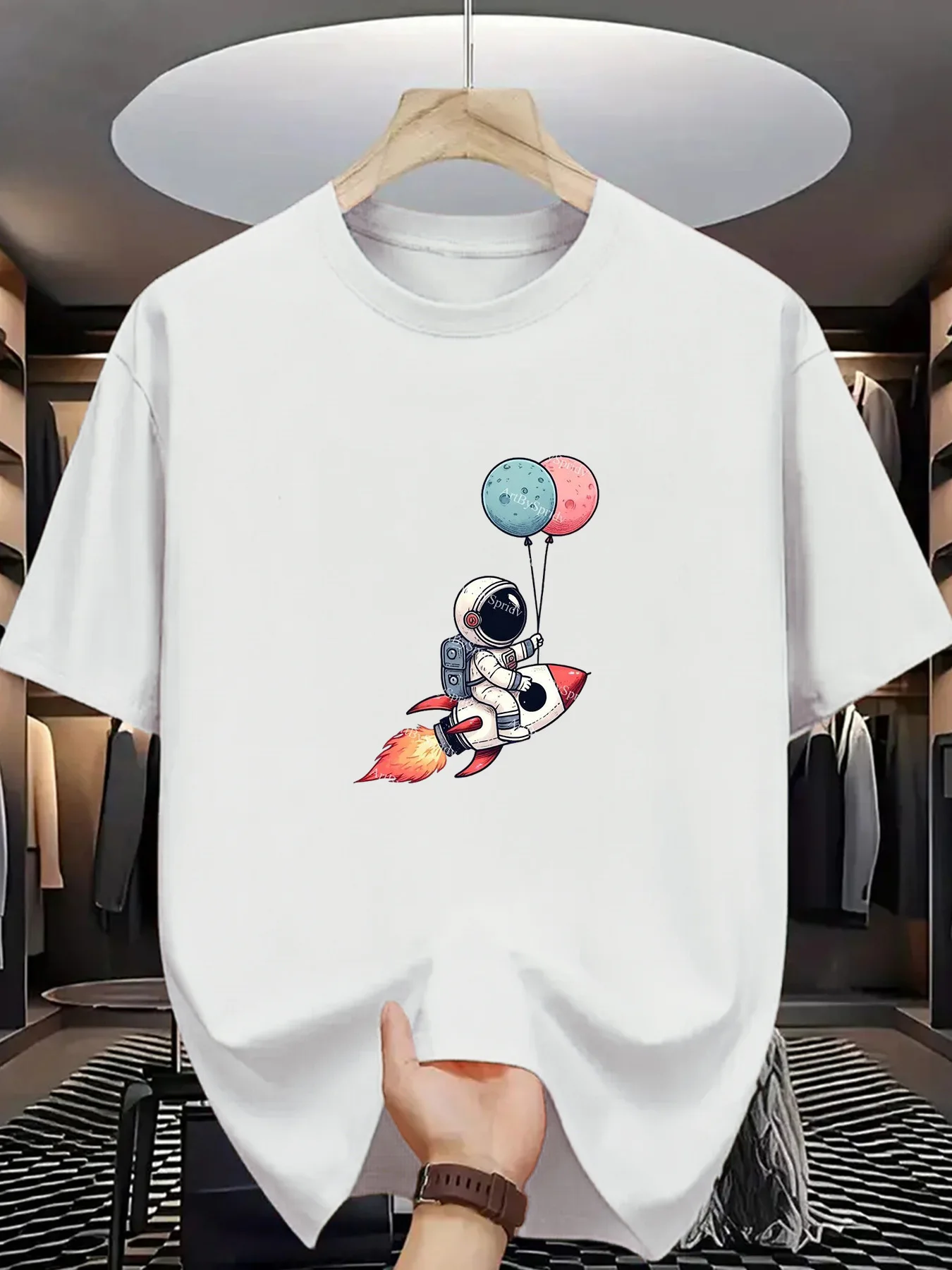 Men's space exploration rocket and balloon printed T-shirt, suitable for summer casual wear, machine washable regular style.