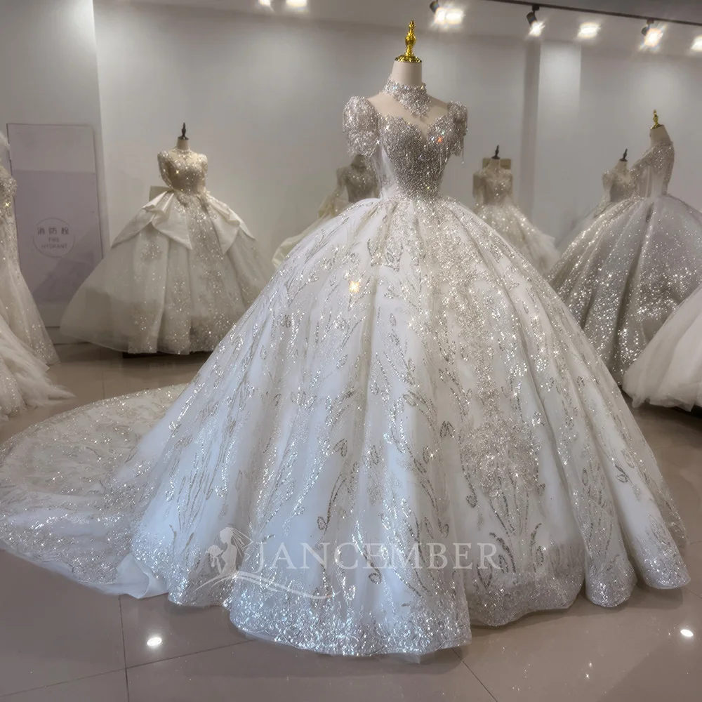 Maßgeschneiderte Kurzarm Brautkleider Sparkly Pailletten Applikationen Modest O-ansatz Brautkleid Prinzessin Robe Vestidos De Novia