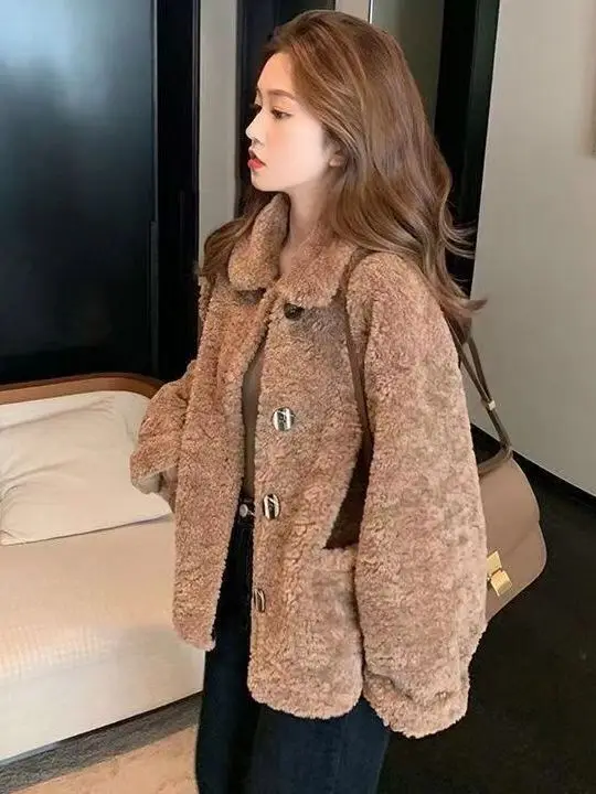American Style Loose Fit Short Thickened Lamb Fur Vest Women's Autumn Winter Casual Long Sleeve Cotton Jacket with Pocket