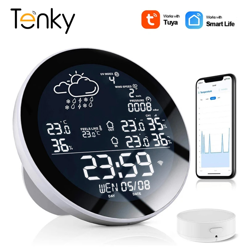 

Tuya WiFi Smart Weather Station with Clock Temperature & Humidity Meter Large Screen Weather Clock Temp Humidity Gauge TH Sensor