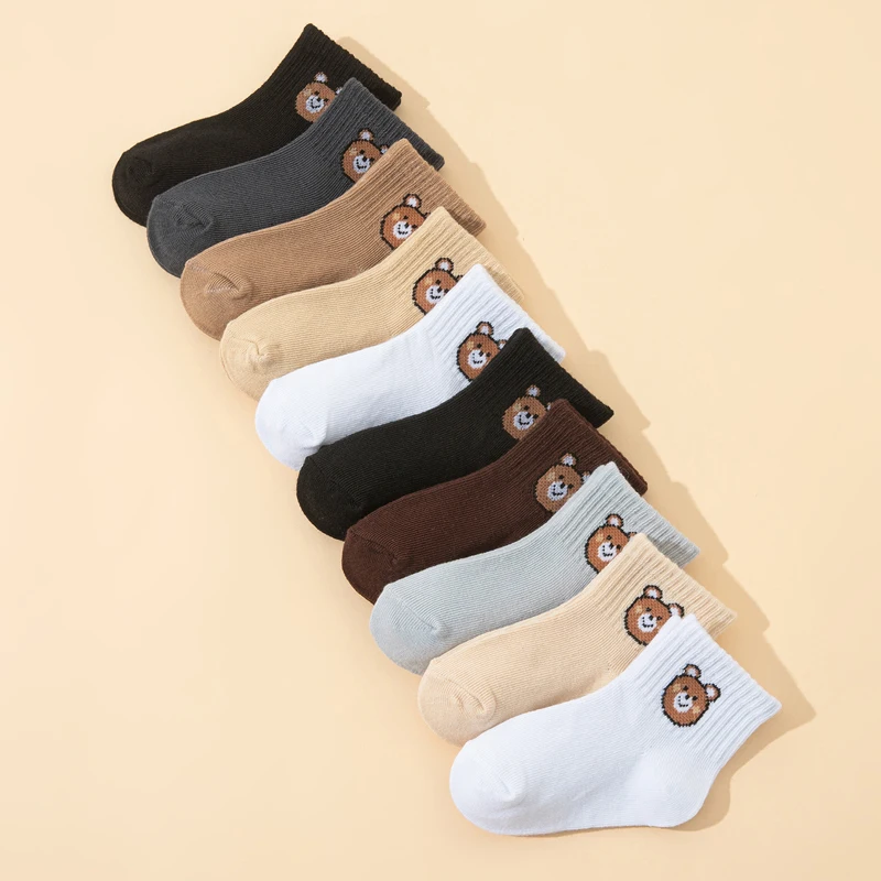 10 pairs  cute bear-patterned baby socks, comfortable and versatile kid's socks