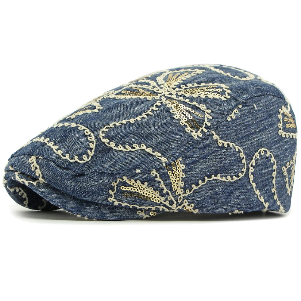 HT4833 Herren Berets Frauen Vintage Künstler Maler Baskenmütze Hut Männlich Weiblich Pailletten Ivy Flache Kappe Frühling Sommer Herbst Denim Baskenmütze Kappe – Detail 8