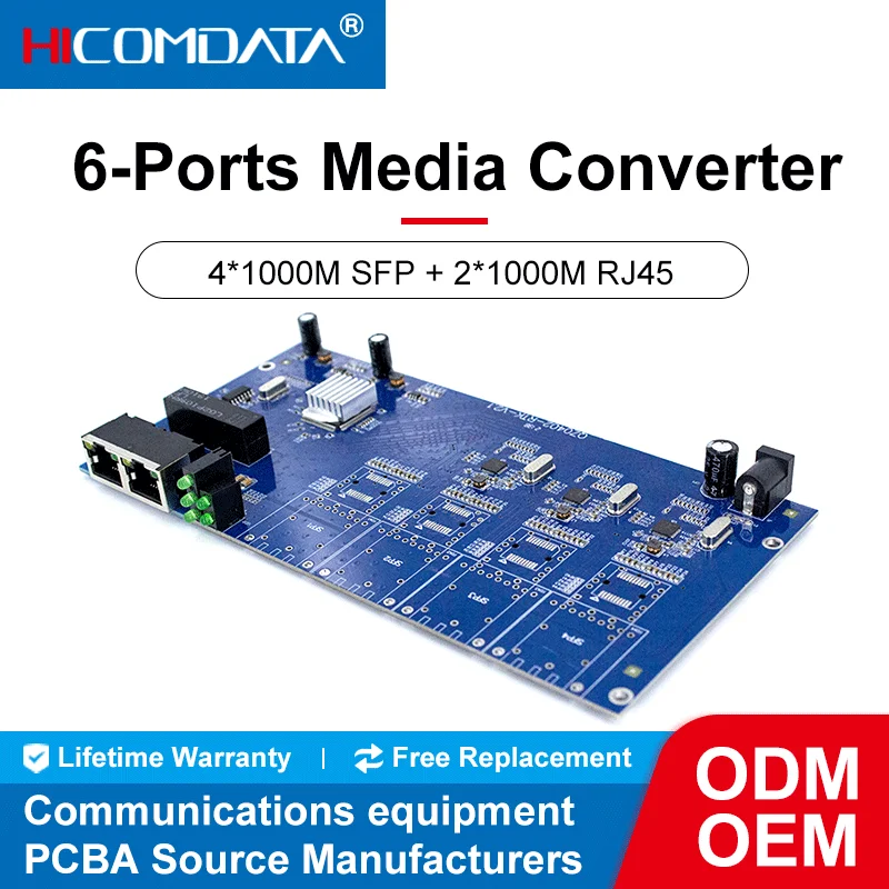 Convertitore multimediale HICOMDATA 6 porte 100/1000M PCBA 4*1000M porte in fibra ottica e 2 porte RJ45 100/1000M. SC 20KM