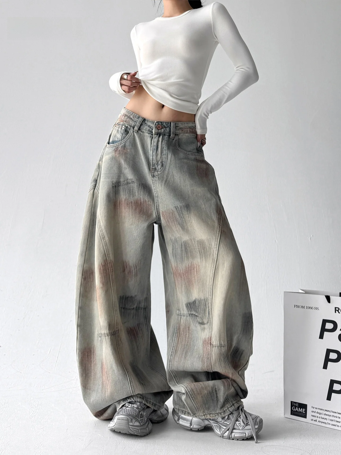 

Модные свободные женские джинсы с граффити, широкие прямые брюки, повседневный стиль, низкая талия, смесь хлопка и полиэстера