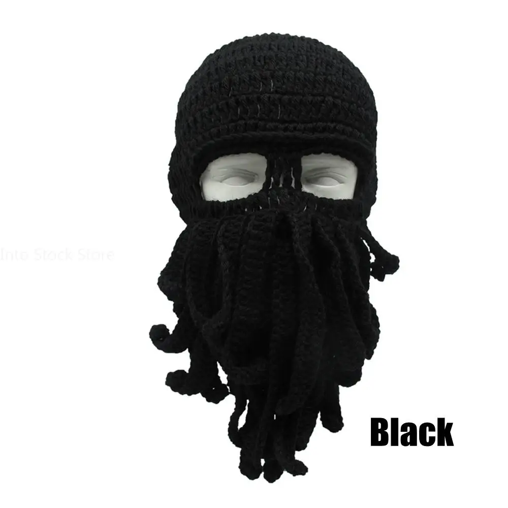 Novelty Handmade Funny Tentacle Octopus Hat Crochet Cthulhu Beard Beanie Men\'s Women\'s Knit Wind Mask Cap Halloween Animal Gift