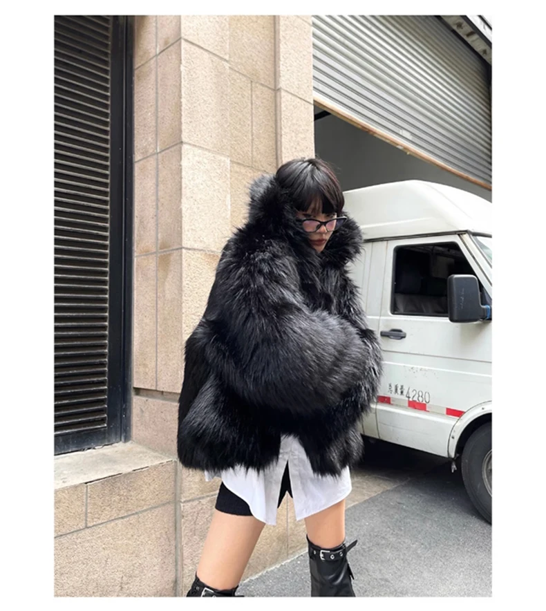 Lautaro Winter Cool Oversized Casual Soft Thick Warm Black Hariy Shaggy Faux Fur Coat Women Turn-down Collar Fluffy Jacket 2023