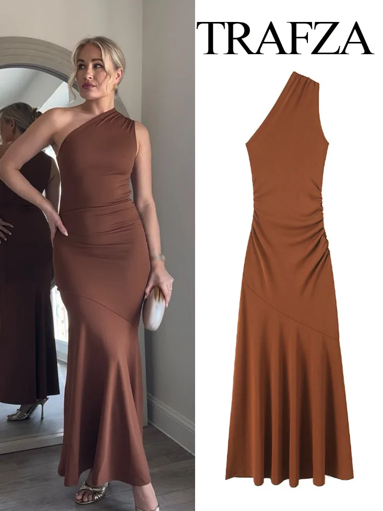 

TRAFZA Women 2025 Summer Simple Asymmetric One-Shoulder Pleated Length Sleeveless Dress Female Sexy Slim Casual Long Dress Mujer