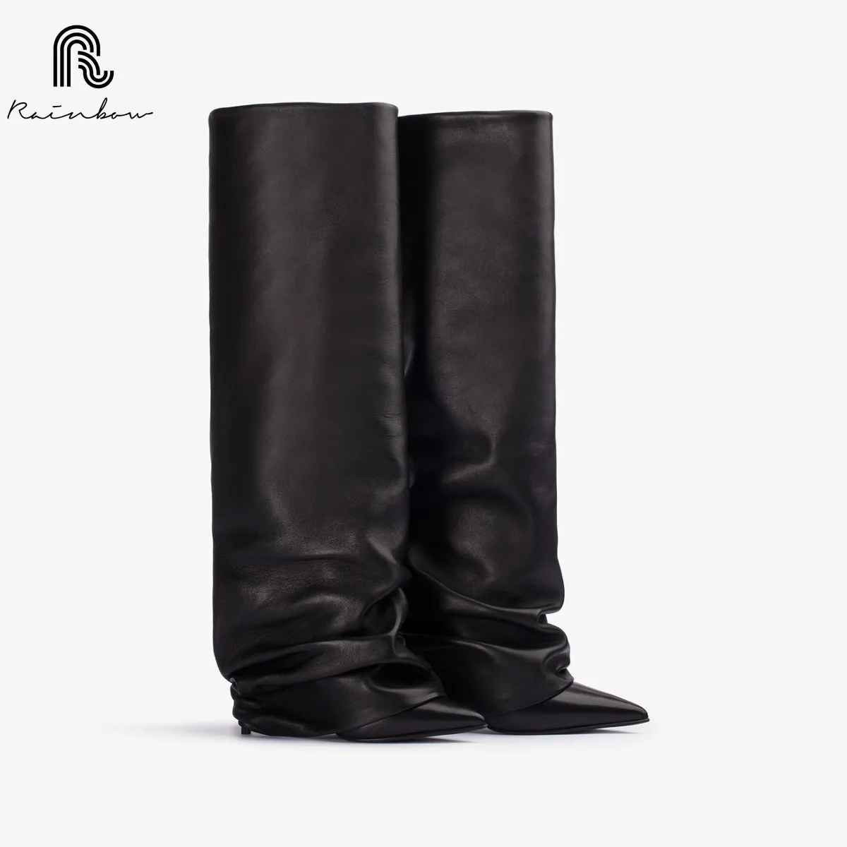 

RAINBOW34-43 Black Pointed Pleated Lazy Knee High Boots European American Spicy Girls High Heel Trouser Fashion Sexy Women Shoes