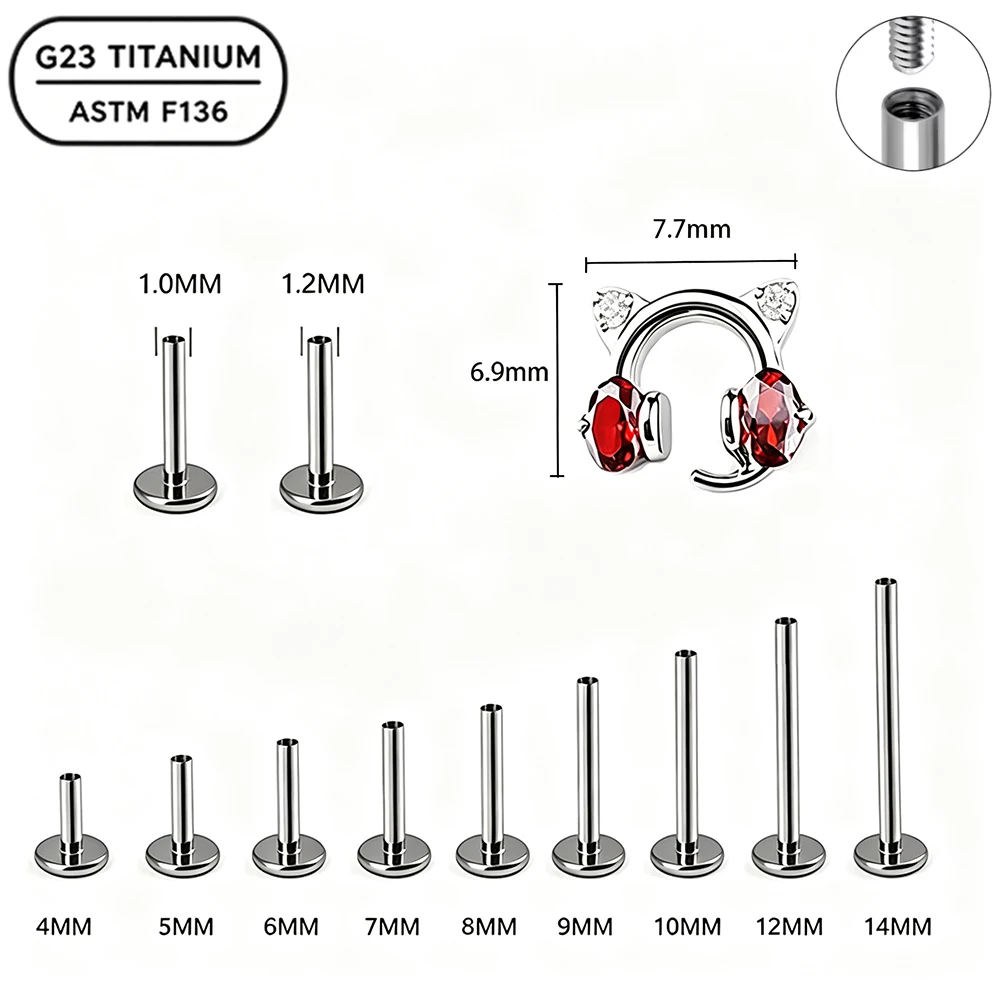1PC G23 Titanium Gaming Cat Ear CZ Captive Ring Internal Thread Lip Stud Helix Tragus Conch Cartilage Ear Piercing Body Jewelry