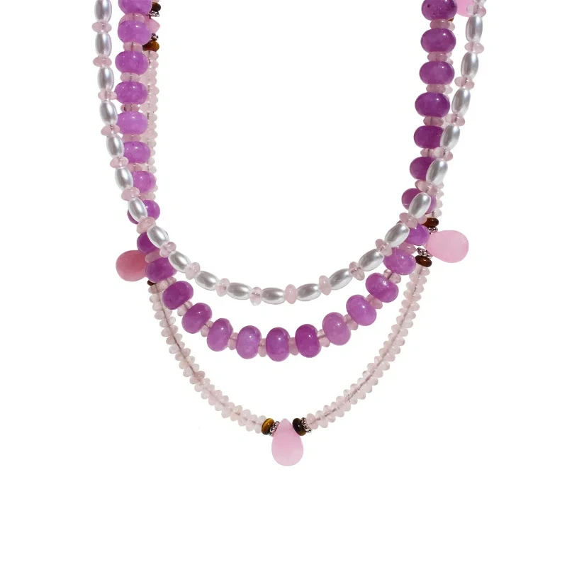 

Fashion Elegance Statement Jewelry Purple Natural Stone Pink Glasses White Glass Pearl Strand Necklace Water Droplet Pink Stone