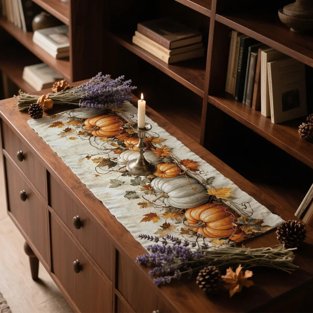 1pc Autumn Pumpkin Table Runner Thanksgiving Watercolor Vintage White Pumpkin Leaf Marble Table Decor Autumn Harvest Table Decor